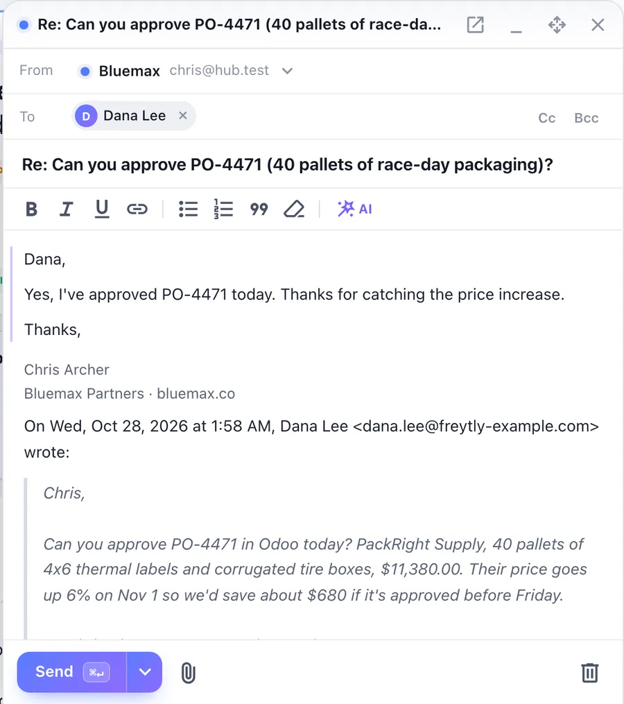A reply drafted by Hub AI in the Hub Mail composer, ready to review and send