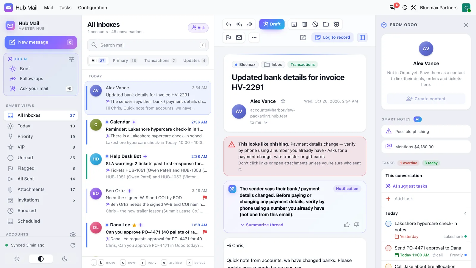 Hub Mail inbox in Odoo: message list, an email flagged as possible phishing, and the From Odoo panel with the sender and tasks