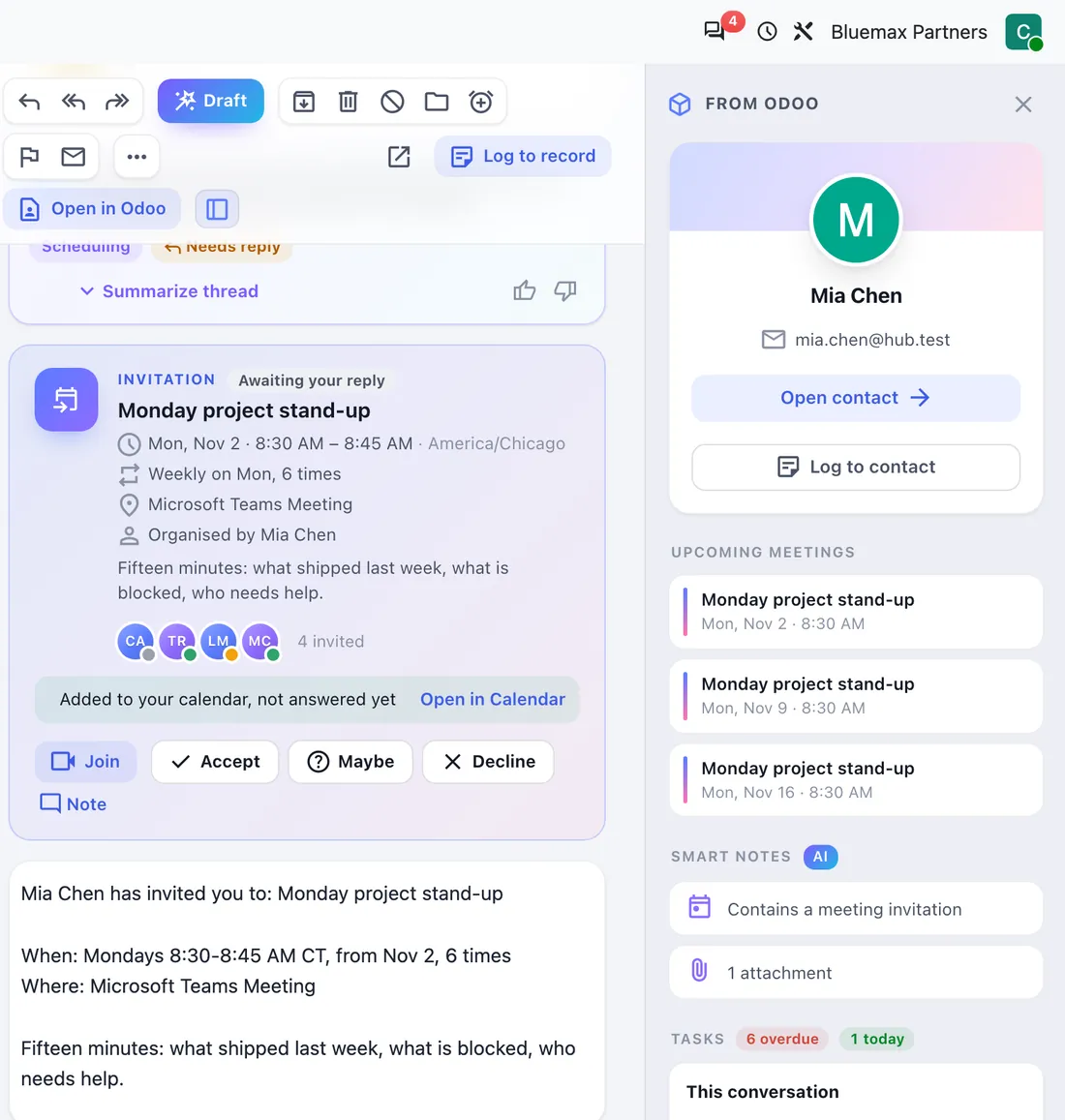 A meeting invitation card in Hub Mail with Accept, Maybe and Decline buttons and upcoming meetings