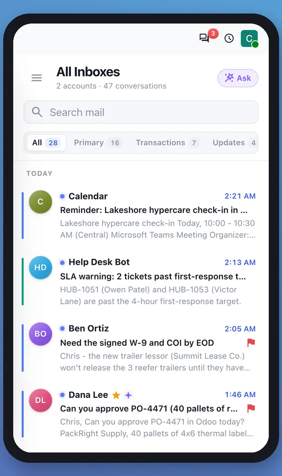 Hub Mail on a phone: the inbox