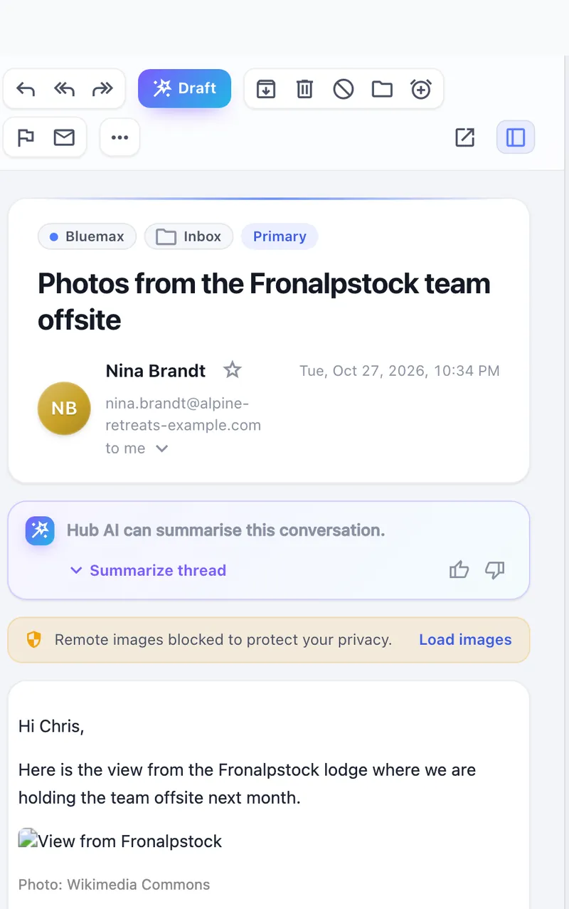 Hub Mail reader with remote images blocked and a Load images button