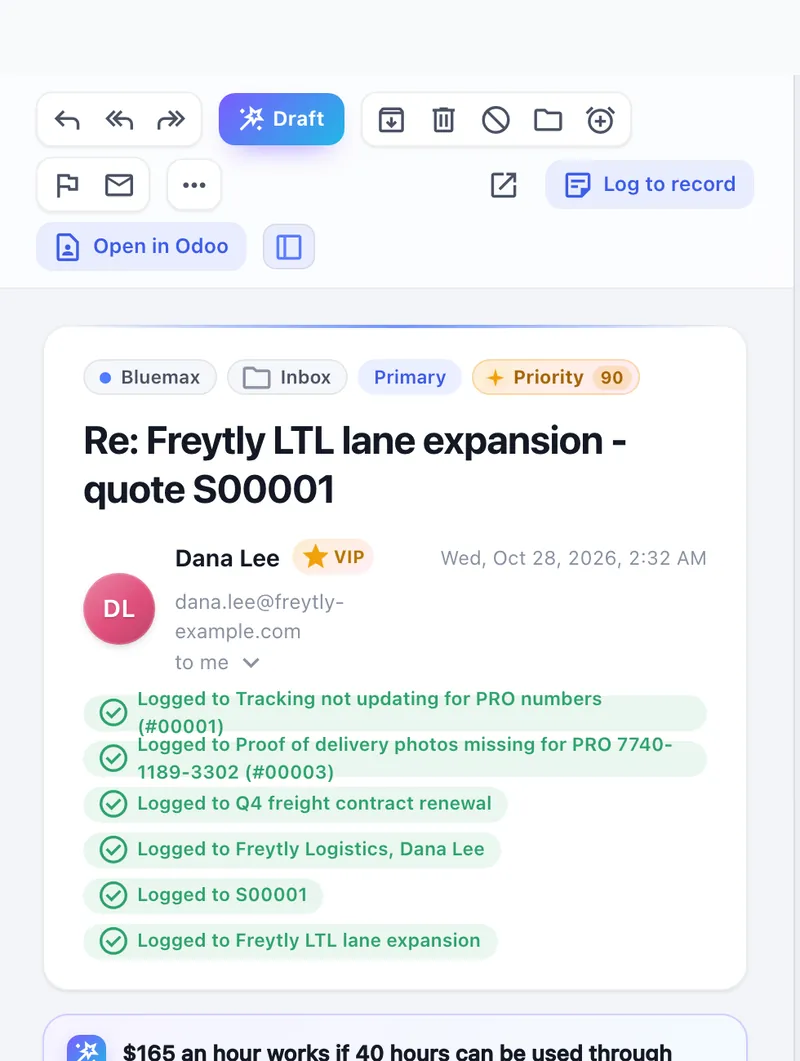 An email in Hub Mail showing it was logged to an opportunity, a quote and a contact in Odoo